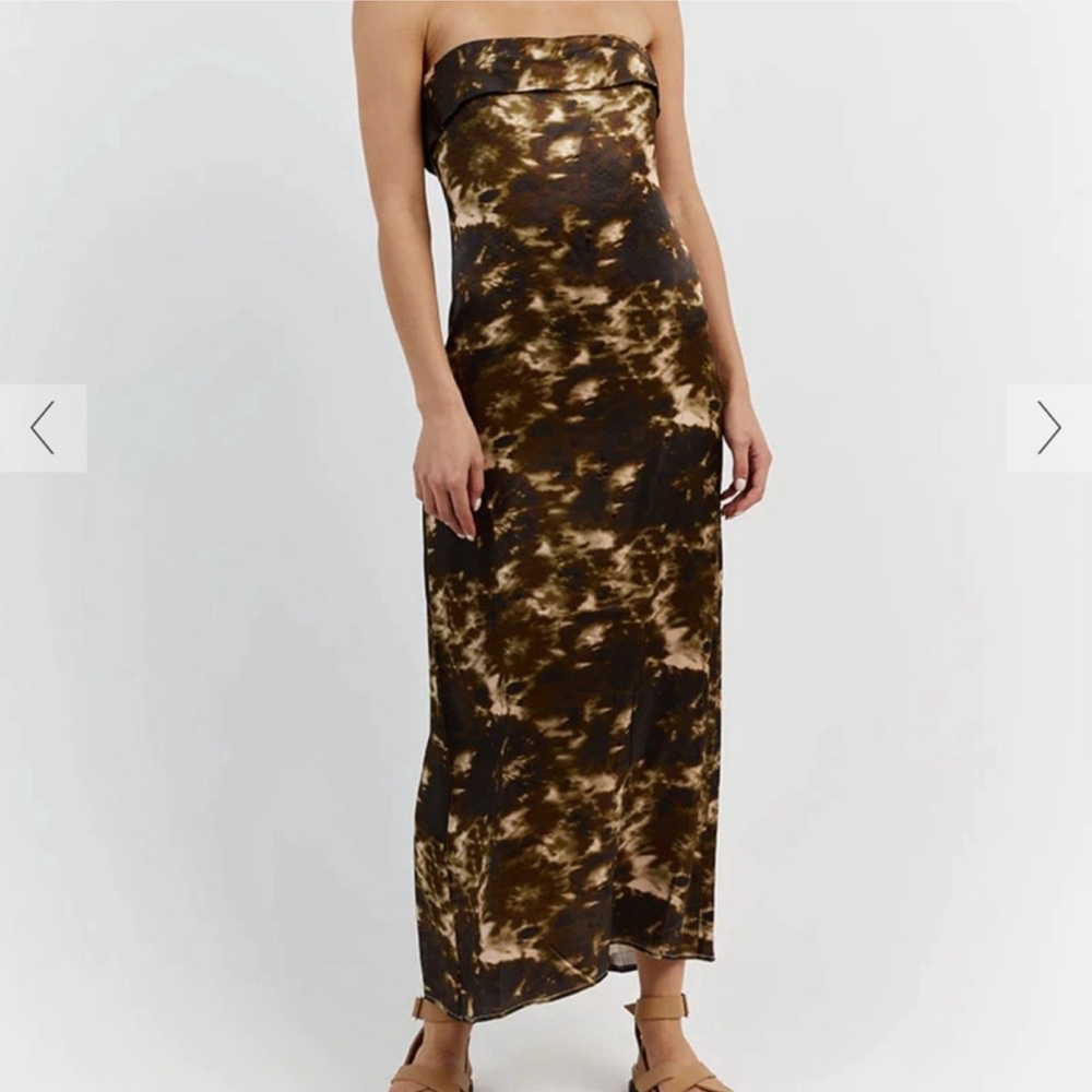 Dissh Strapless Satin Camo Midi Dress